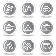Travel web icons set 1, circle grey glossy buttons