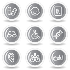 Medicine web icons set 2, circle grey glossy buttons