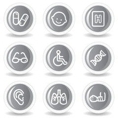 Medicine web icons set 2, circle grey glossy buttons