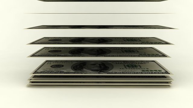 Falling dollar bills forming a pile