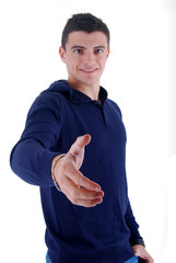 Serrement  de mains - Jeune homme brun en bleu © Patricia W.