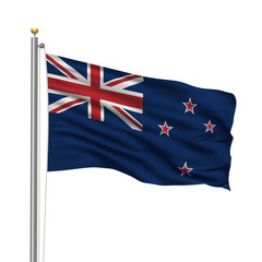 Flag of New Zealand waving in the wind in front of blue sky