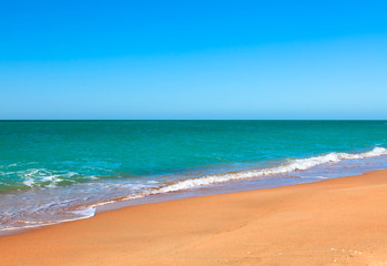 Fototapeta na wymiar Sandy beach of seaside resort with clear water