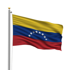 Obraz premium Flag of Venezuela waving in the wind in front of blue sky