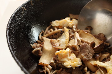 Chinese Cooking, Japanese mushroom and pork stir fried