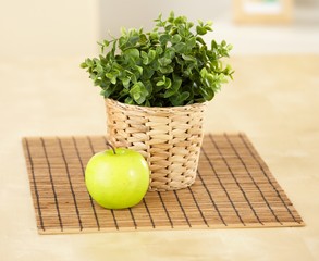 Apple and plant on table