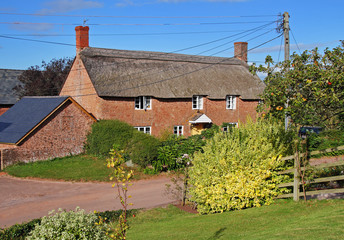 Fototapeta na wymiar Thatched Village Cottage next to a rural lane