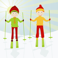 Two boys on skis on a snow mountain