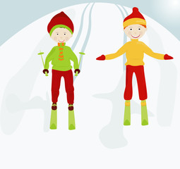 Two boys on skis on a snow mountain