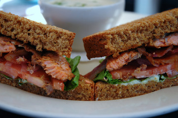 Salmon sandwich close-up, shallow DOF