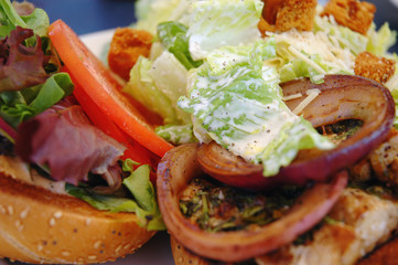 Fish sandwich with salad close-up