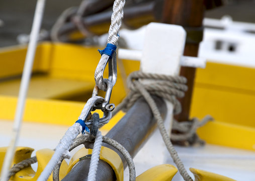 splices on the prow of a sailboat - close view, shackle and rope