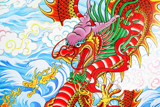 Dragon painting on wall in Chinese Temple in Thailand