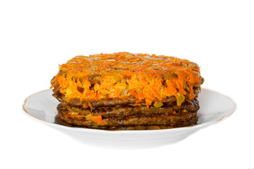 Meat cake, decorated with carrots, isolated on white