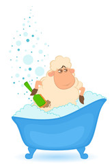 Naklejka premium Cartoon sheep in bath is isolated on white background