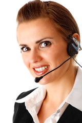 smiling modern business woman with headset isolated on white.