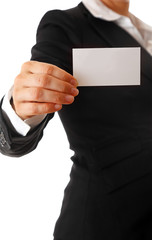 modern business woman holding blank business card in hand