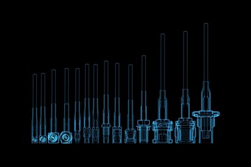 RF Cable connectors 3D rendered blue transparent