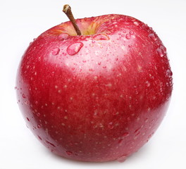 Cleaned red apple with water drops on it.