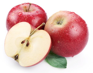 Two red apple with leaf and half of apple.