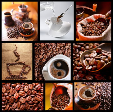 Collection of images with coffee.