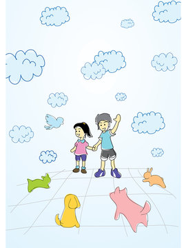 Boy and girl playing with animal cartoon vector illustration