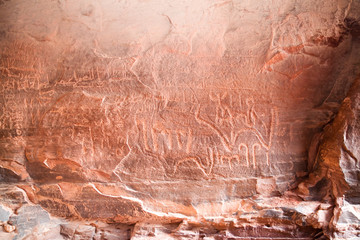Ancient nabataean rock inscription in Khazali Canyon. Jordan