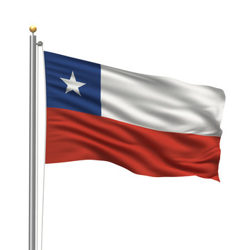 Flag of Chile waving in the wind in front of white background