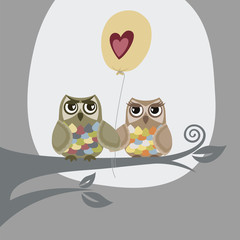 Two owls and love balloon illustration