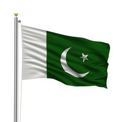 Flag of Pakistan waving in the wind in front of white background
