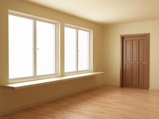 Empty room, with wooden door and floor, 3d illustration