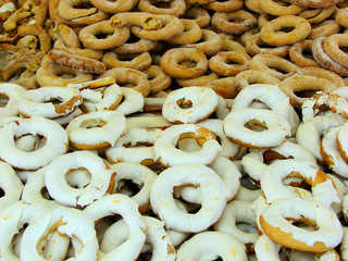 bagels with glaze on a counter, fair in Barcelona, Spain