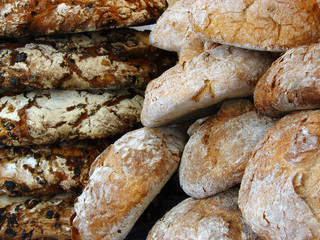 baked bread on a counter of the grocery market