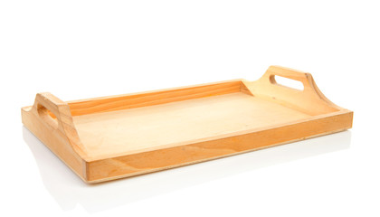 wooden tray over white background
