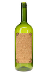 an empty bottle of wine with a label  on white background