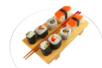 sushi rolls on wooden plate