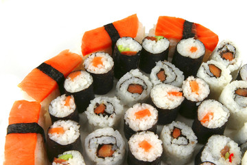 sushi and sashimi on white