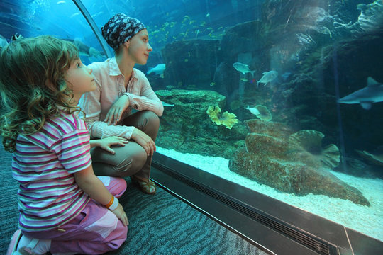 mother and daughter sitting in underwater aquarium tunnel