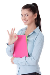 Young woman student gesturing.