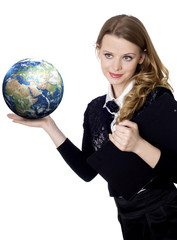 woman holding globe in her hand on white