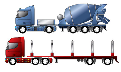 Trucks with mixer and timber trailer