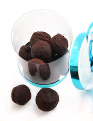 chocolate pralines cake on white background