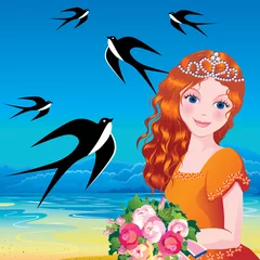 Poster Mooie prinses tegen de achtergrond van de zee. © Tetiana Nikonorova