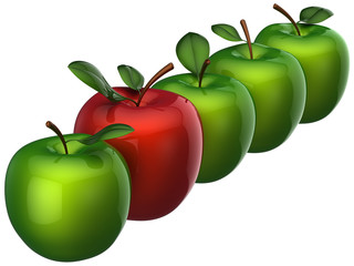 Fresh delicious apples in a row. Leadership concept. 3D render