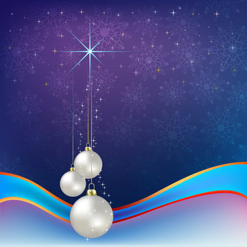 christmas greeting white balls with blue ribbon
