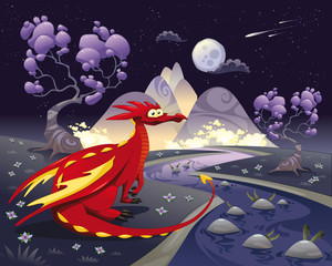 Dragon dans la nuit. Illustration vectorielle, objets isolés.