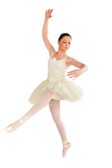 Young ballet dancer dancing against a white background