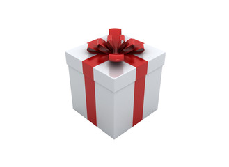white gift box with red ribbon and bow isolated