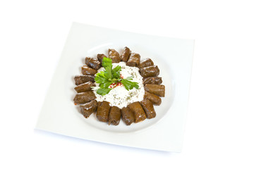 Dolmades of vine leaves stuffed with rice