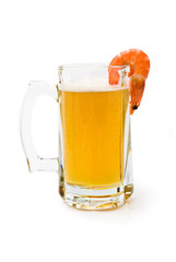 fried shrimps and beer on white background